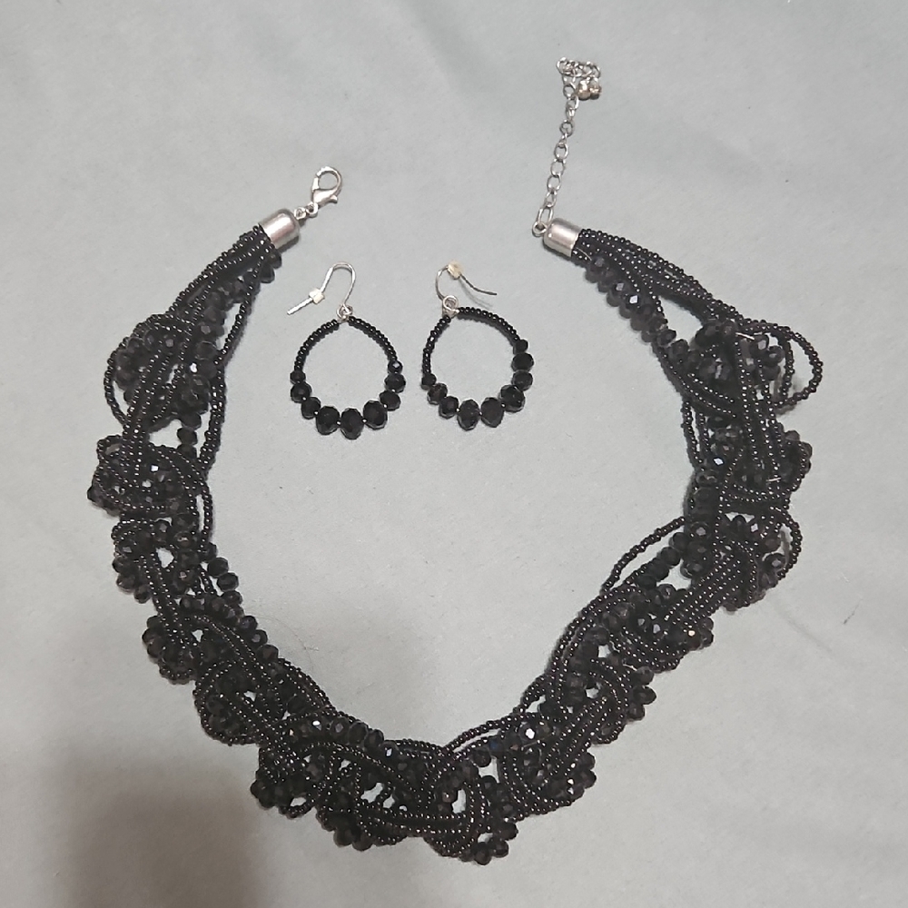 Chic Black Beaded Necklace and Earring Set